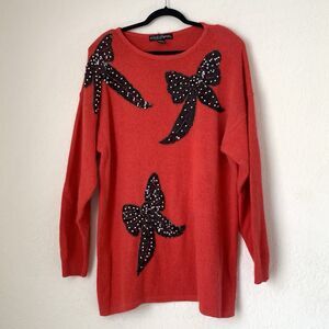 VTG Gladys Bagley Sweater 3X Red Black Bows Sequin Silk Angora Granny Coquette